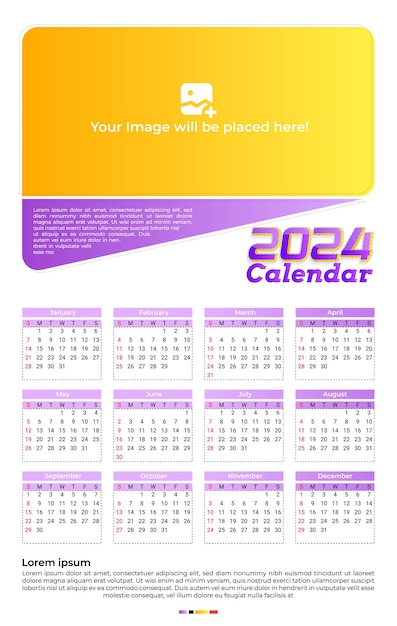 Diseño de una página vectorial de estilo minimalista Calendario de 2024 para el año nuevo
