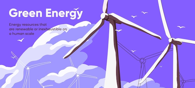 Diseño de página web de aterrizaje de energía verde con turbinas de molino de viento Fondo de banner de estación de energía sostenible renovable con molinos de viento ecológicos para fuente de electricidad alternativa Ilustración de vector plano