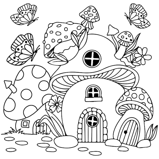 Diseño de páginas para colorear para niños de Mushroom House