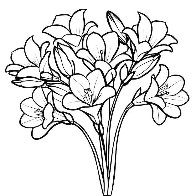 Diseño de páginas de libros de colorear con dibujos de bocetos de flores de Freesia