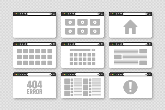 diseño de las páginas de la ventana del navegador web con barra de herramientas y campo de búsqueda página de Internet de sitio web moderno en plano