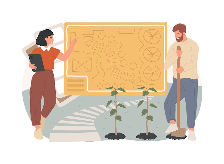 Vector diseño de paisaje concepto aislado ilustración vectorial reglas y consejos de planificación del paisaje servicios de jardinería arquitectura de fronda y patio trasero ideas de bricolaje concepto de vector de jardín vertical en la azotea