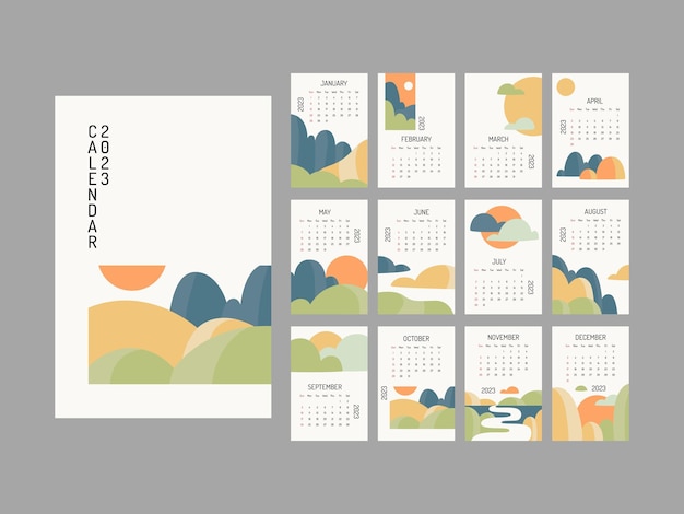 Diseño de paisaje de plantilla de calendario de año nuevo mínimo moderno 2023