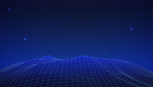 Diseño paisajístico de montañas con fondo azul y estrellas.