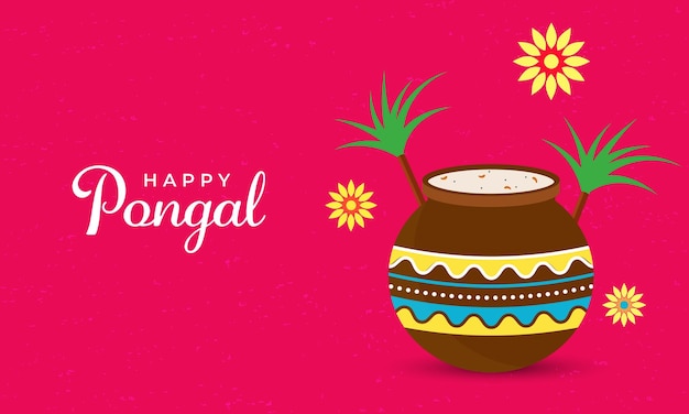 Diseño de pancarta de celebración feliz de Pongal con plato tradicional de arroz lleno de olla de barro caña de azúcar y flores en fondo rosa