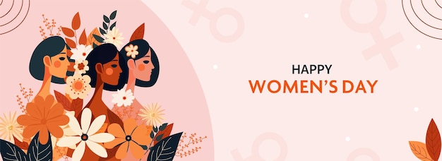 Diseño de pancarta del día de la mujer feliz con tres personajes de mujeres jóvenes decorados con flores en el fondo del símbolo de Venus rosa pastel