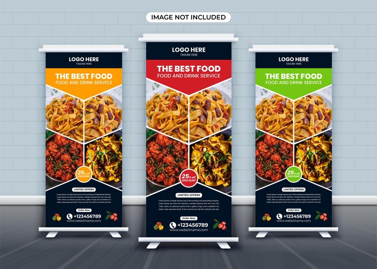 Vector diseño de pancarta enrollable de comida y menú especial de comida deliciosa o plantilla xbanner de restaurante