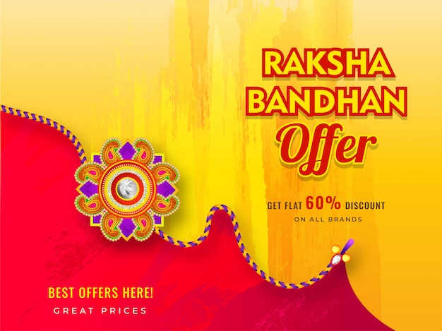 Diseño de pancarta o póster con oferta del 60% de descuento y hermoso rakhi (pulsera) para la celebración de raksha bandhan