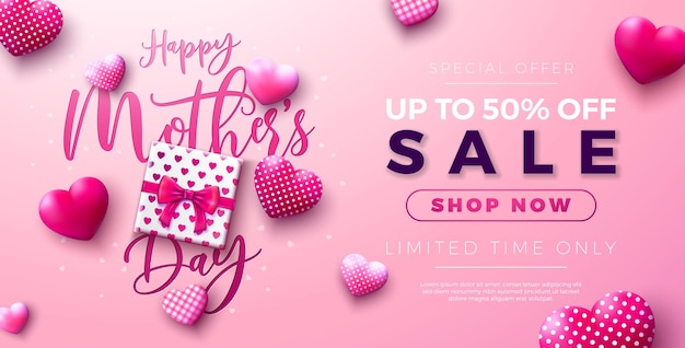 Diseño de pancarta de venta del Día de la Madre con corazones y caja de regalo en fondo rosa Oferta de descuento estacional