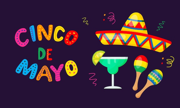 Diseño de pancartas y carteles de la Fiesta del Cinco de Mayo con sombrero margarita maracas