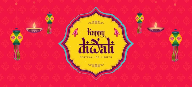 Diseño de pancartas del festival indio Happy Diwali con lámparas decorativas y luces en una hermosa luz