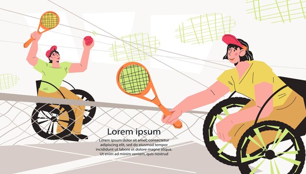 Diseño de pancartas o carteles de competiciones de tenis en silla de ruedas con mujeres discapacitadas jugando deportes Ilustración vectorial de dibujos animados planos Concepto de inclusión y deportes para personas con discapacidad