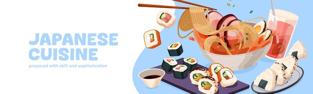 Diseño de pancartas publicitarias de restaurantes de cocina japonesa promoción de cafés asiáticos plantilla con bocadillos comidas cocinadas comida composición de alimentos con sushi fideos sopa onigiri ilustración vectorial plana