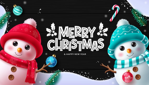 Diseño de pancartas vectoriales de saludos de Navidad con personajes de muñecos de nieve con texto de felicitación de Navidad