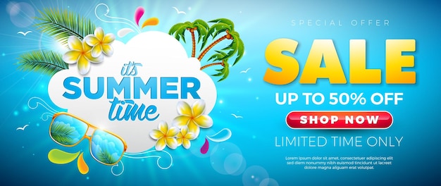 Diseño de pancartas de venta de verano con gafas de sol de flores y elementos de vacaciones en la playa sobre fondo azul