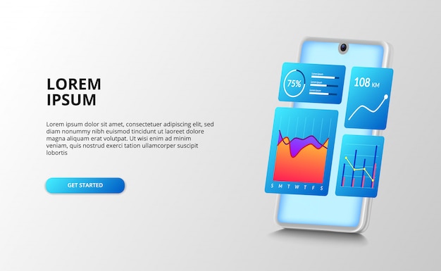 Diseño de panel de interfaz de usuario de análisis de datos con gráfico, análisis gráfico de porcentaje de informe para finanzas, contabilidad con teléfono inteligente con perspectiva 3d