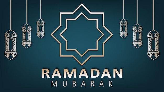 Diseño de papel tapiz de banner de ramadan mubarak moderno en 3D con adorno de linterna