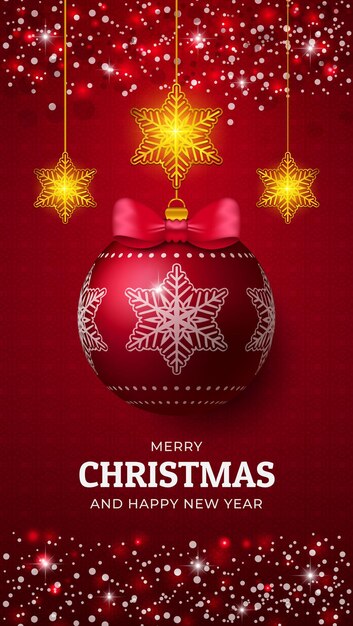 Diseño de papel tapiz de feliz navidad con copo de nieve de cinta de bola roja y objetos de luz
