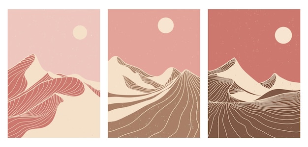 Diseño de papel tapiz de impresión de arte de línea de desierto de montaña para fondo de portada Fondos estéticos contemporáneos abstractos paisajes ilustraciones vectoriales