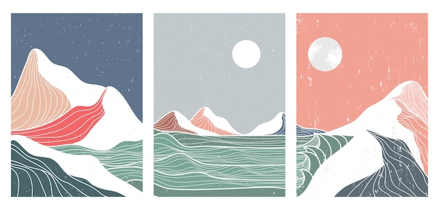 Diseño de papel tapiz de impresión de arte de línea de onda de montaña y océano para fondo de portada Fondos estéticos contemporáneos abstractos paisajes ilustraciones vectoriales