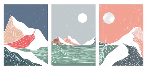 Diseño de papel tapiz de impresión de arte de línea de onda de montaña y océano para fondo de portada fondos estéticos contemporáneos abstractos paisajes ilustraciones vectoriales