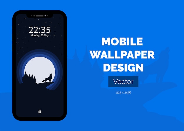 Diseño de papel tapiz móvil de vector. Lobo aullando a la luna