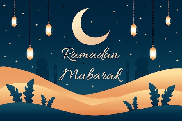 Diseño de papel tapiz de Ramadan Mubarak con linternas nocturnas estrelladas luna y desierto ilustración vectorial plana