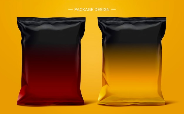 Diseño de paquete de bolsa de papel de aluminio sobre superficie amarilla, ilustración 3d