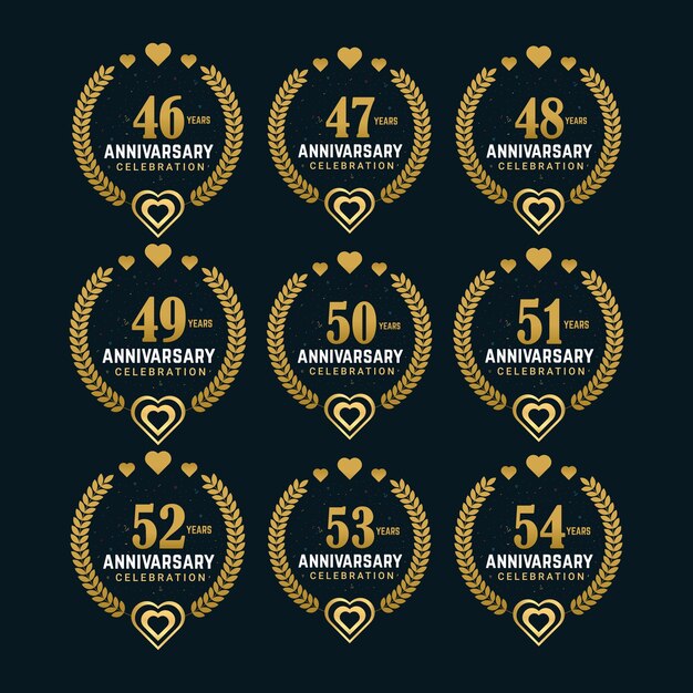 Diseño de paquete de celebración de aniversario de 46 a 54 años con diseño y fondo dorado