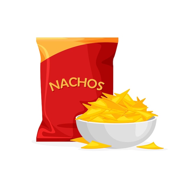 Diseño de paquete de nachos mexicanos. Montón de chips calientes en un tazón. Bolsa de aluminio aislada sobre fondo blanco.