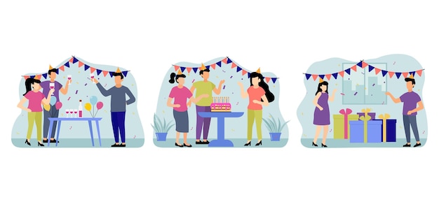 Vector diseño de paquete plano de escena de fiesta de cumpleaños con amigos