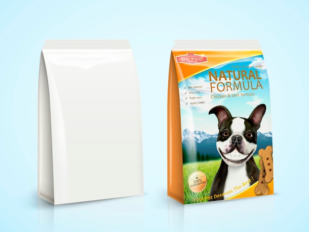 Diseño de paquetes de alimentos para perros con Boston Terrier en ilustración 3D
