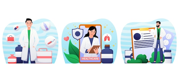 Vector diseño de paquetes planos médicos y sanitarios