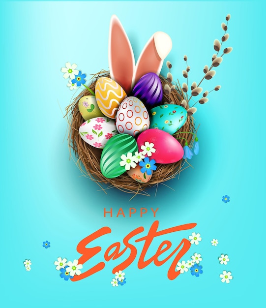 Diseño de Pascua en azul, nido con huevos, ramita de sauce y orejas de conejo.