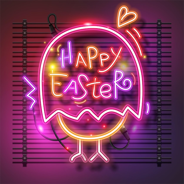 Diseño de pascua feliz. luz de letrero de neón de pollito lindo.