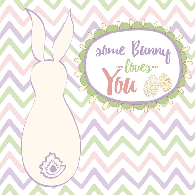 Diseño de pascua con lindo conejo dibujado a mano y texto en marco ovalado con huevos de pascua