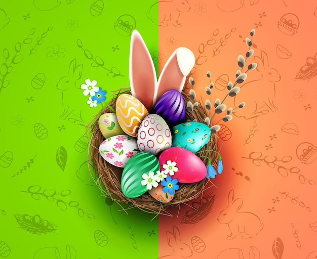Diseño de Pascua con un nido de huevos con un patrón de orejas de conejo y una ramita de sauce