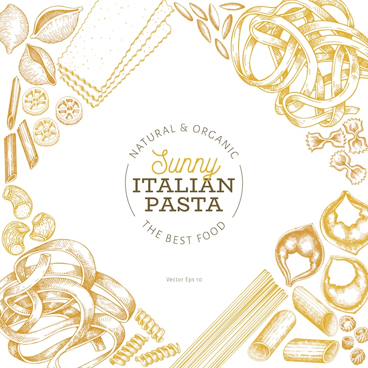 Vector diseño de pasta italiana. ejemplo dibujado mano de la comida del vector estilo grabado. pastas retro diferentes tipos.