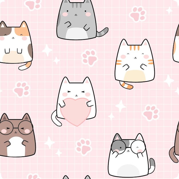 Diseño de patrón de animales de dibujos animados de gatos lindos kawaii sin costuras para papel de tarjetas de decoración de scrapbooking