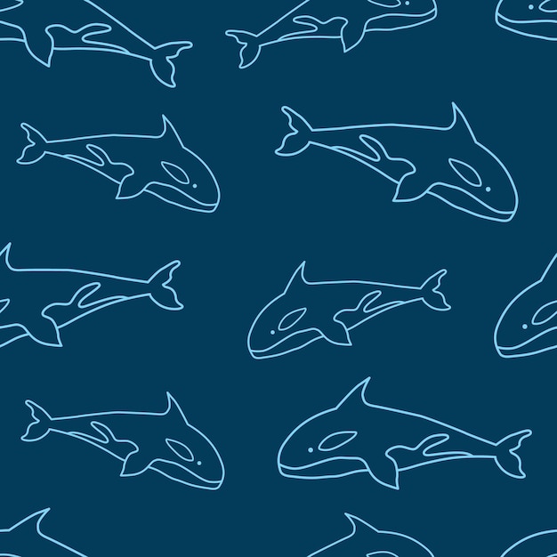 Diseño de patrón de ballena asesina de doodle. patrón de animales del océano con ballena asesina de doodle