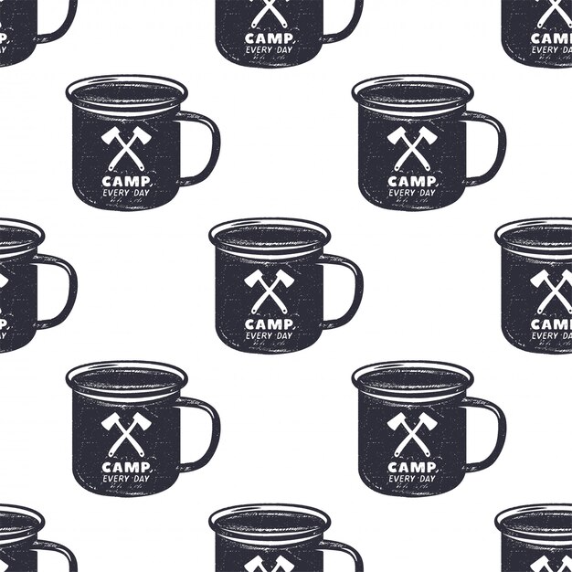 Diseño de patrón de camping. Papel pintado inconsútil con la ilustración de la taza