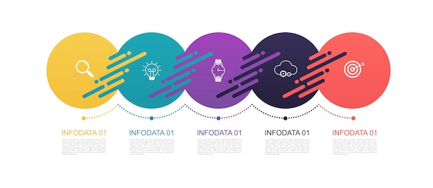 Diseño de patrón de círculos de infografía con estructura de 5 pasos. Diagramas de plantilla, presentación y gráfico, líneas de gráfico circular, concepto de negocio.