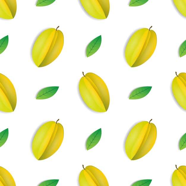 Diseño de patrón sin costuras de carambola amarilla y hojas verdes sobre un fondo blanco moderno y listo para imprimir papel tapiz de frutas en la ilustración de vector de tela