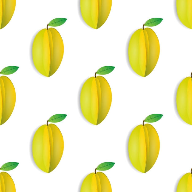 Diseño de patrón sin costuras de carambola amarilla y hojas verdes sobre un fondo blanco moderno y listo para imprimir papel tapiz de frutas en la ilustración de vector de tela