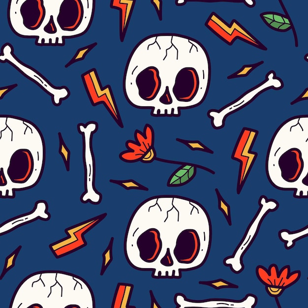 diseño de patrón de dibujos animados de doodle de cráneo dibujado a mano