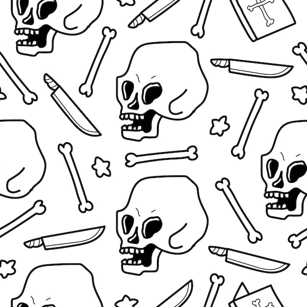 diseño de patrón de dibujos animados de doodle de cráneo dibujado a mano