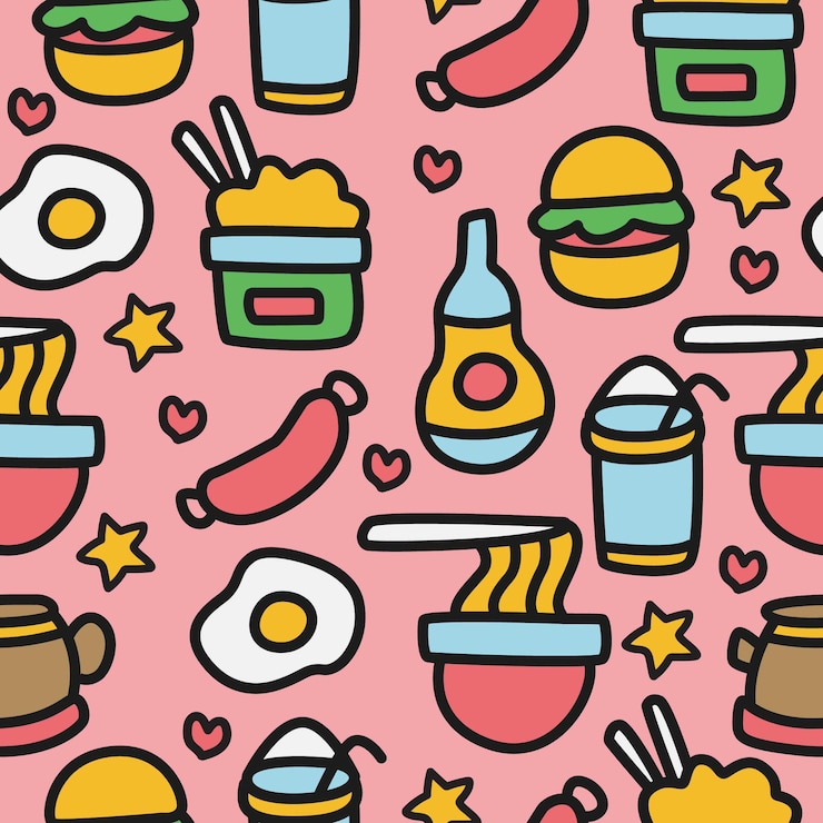 diseño de patrón de doodle de comida de dibujos animados