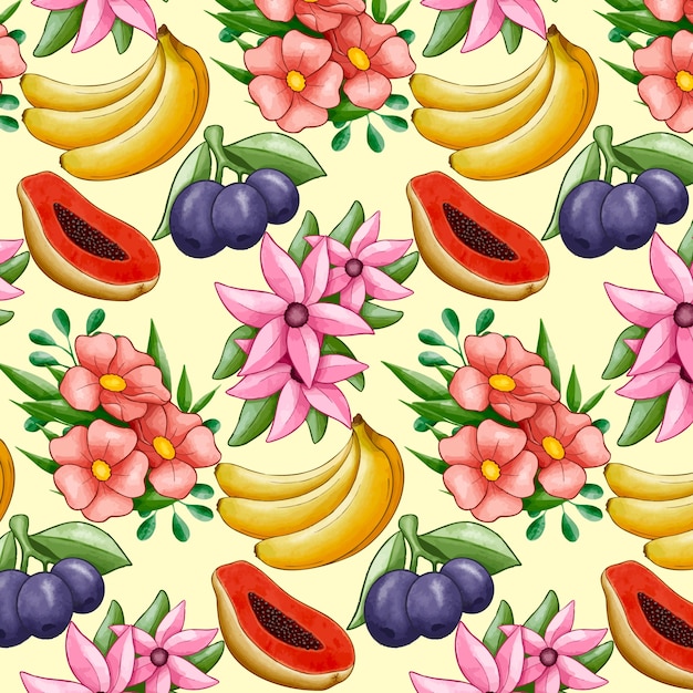 Diseño de patrón floral y frutas de acuarela.