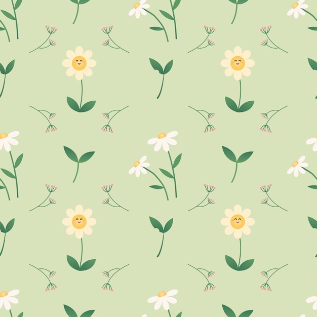 El diseño del patrón de fondo textil floral verde de Kawaii es lindo