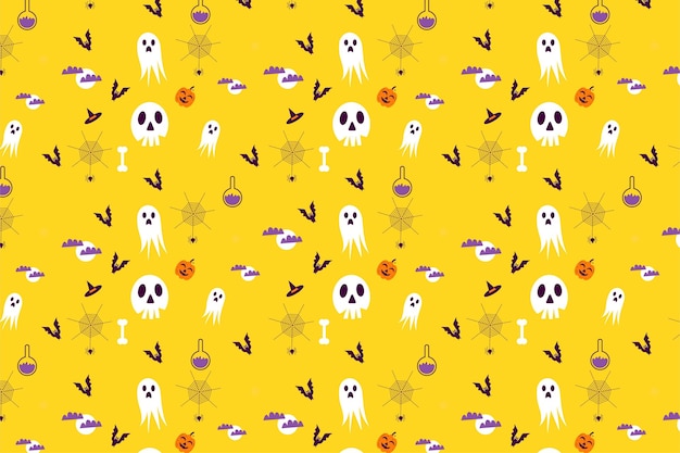 Diseño de patrón de Halloween sin fin con diferentes elementos de miedo sobre un fondo amarillo Decoración de patrón de Halloween abstracto para fondos de portadas de libros y sábanas Vector de patrones sin fisuras